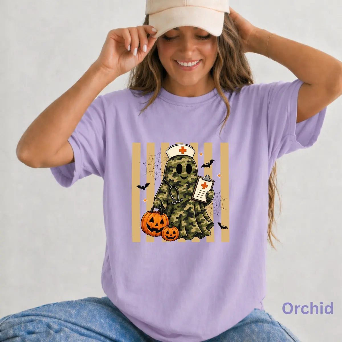 Orchid Comfort Colors T-shirt with Camo Nurse Ghost Medical Clipboard - Spooky Halloween Comfort Colors T-Shirt Halloween artwork