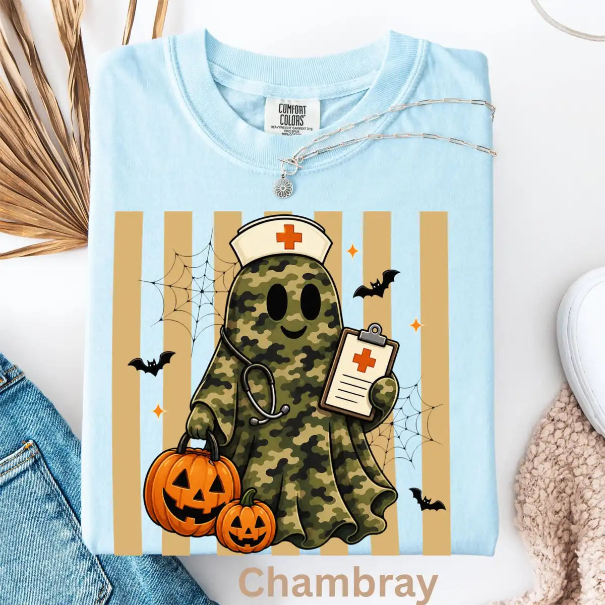 Chambray Comfort Colors T-shirt with Camo Nurse Ghost Medical Clipboard - Spooky Halloween Comfort Colors T-Shirt Halloween artwork