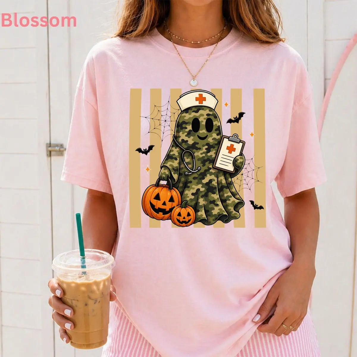Blossom Comfort Colors T-shirt with Camo Nurse Ghost Medical Clipboard - Spooky Halloween Comfort Colors T-Shirt Halloween artwork