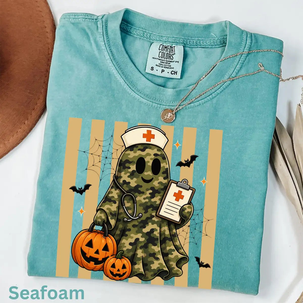 Seafoam Comfort Colors T-shirt with Camo Nurse Ghost Medical Clipboard - Spooky Halloween Comfort Colors T-Shirt Halloween artwork