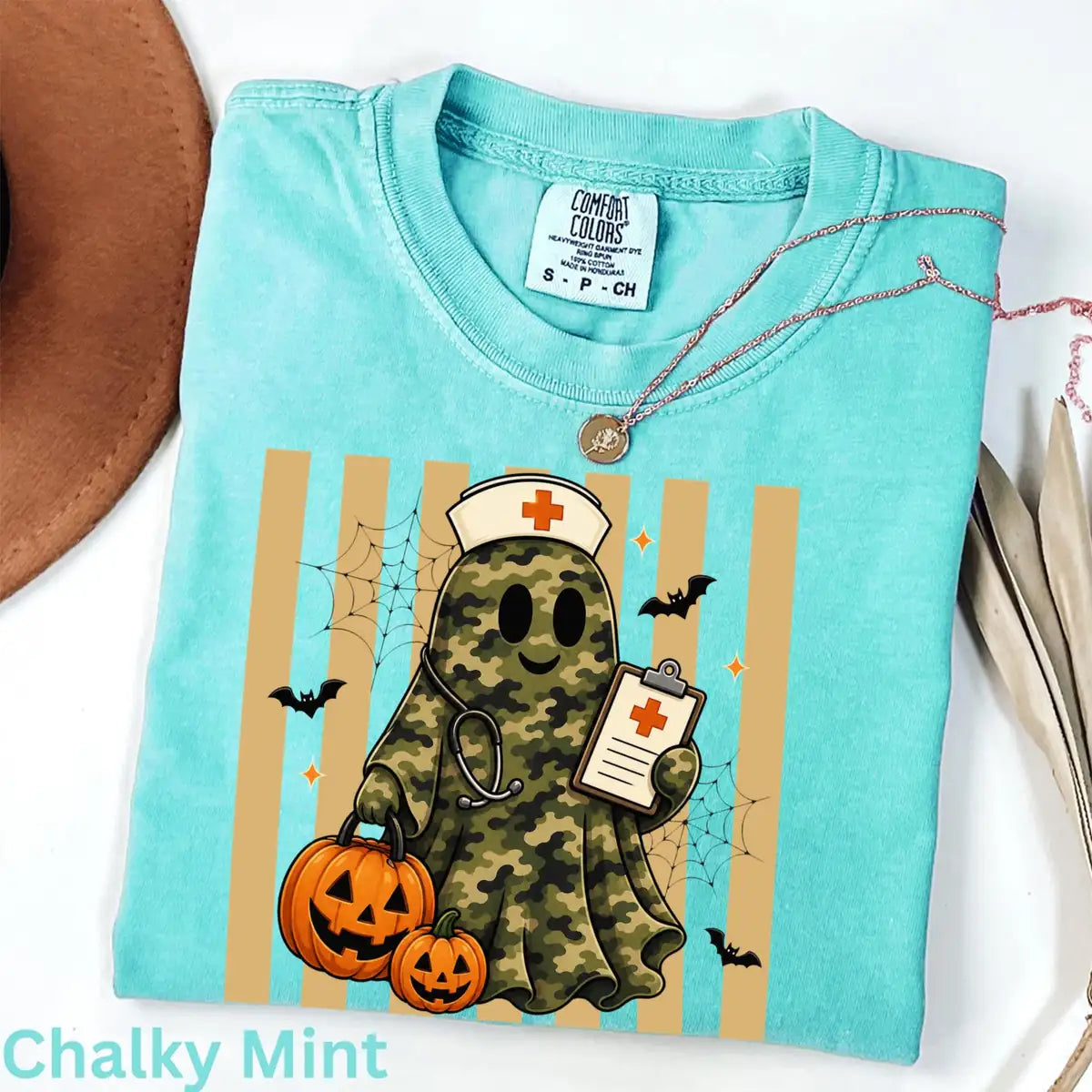 Island Reef Comfort Colors T-shirt with Camo Nurse Ghost Medical Clipboard - Spooky Halloween Comfort Colors T-Shirt Halloween artwork