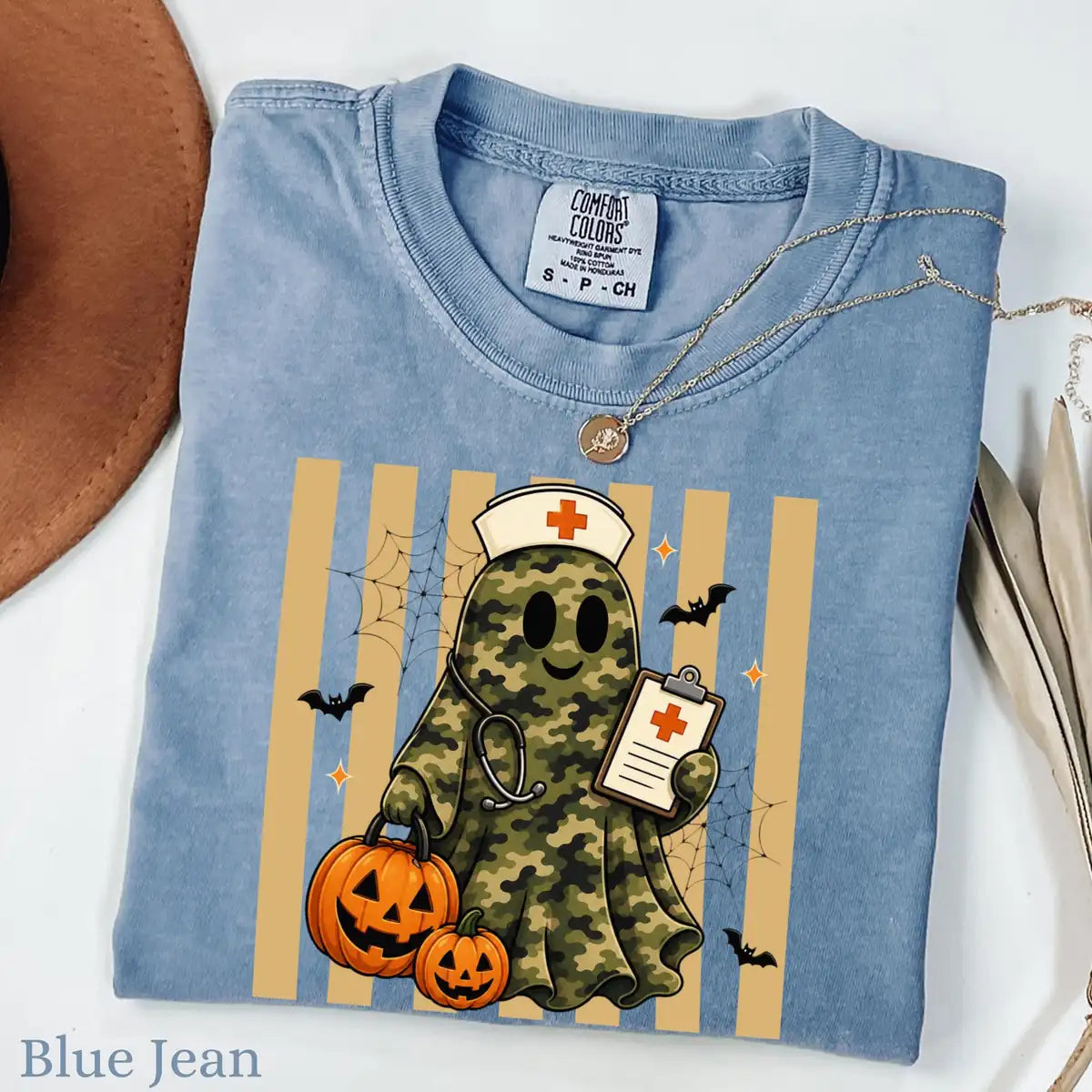 Chalky Mint Comfort Colors T-shirt with Camo Nurse Ghost Medical Clipboard - Spooky Halloween Comfort Colors T-Shirt Halloween artwork