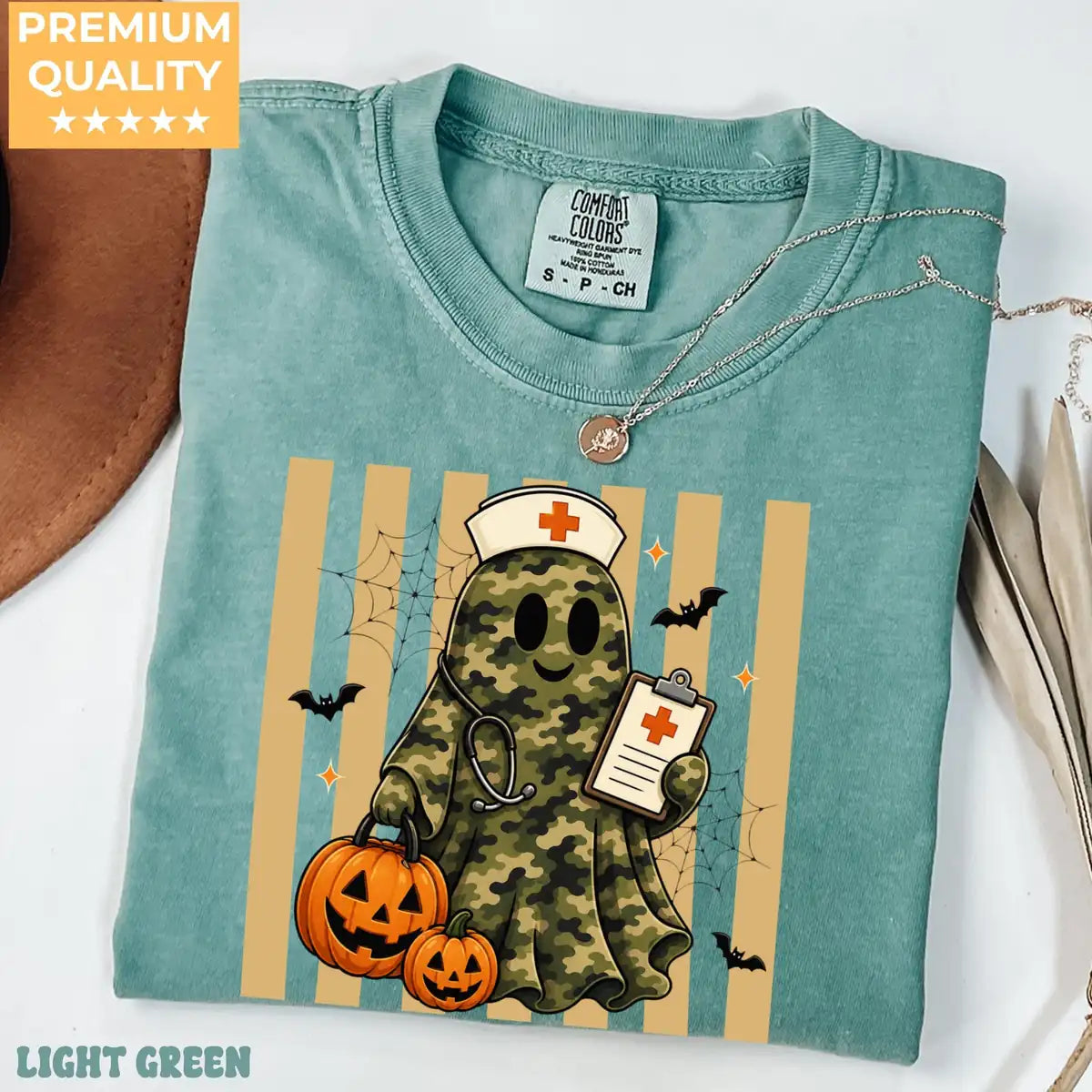 Blue Jean Comfort Colors T-shirt with Camo Nurse Ghost Medical Clipboard - Spooky Halloween Comfort Colors T-Shirt Halloween artwork