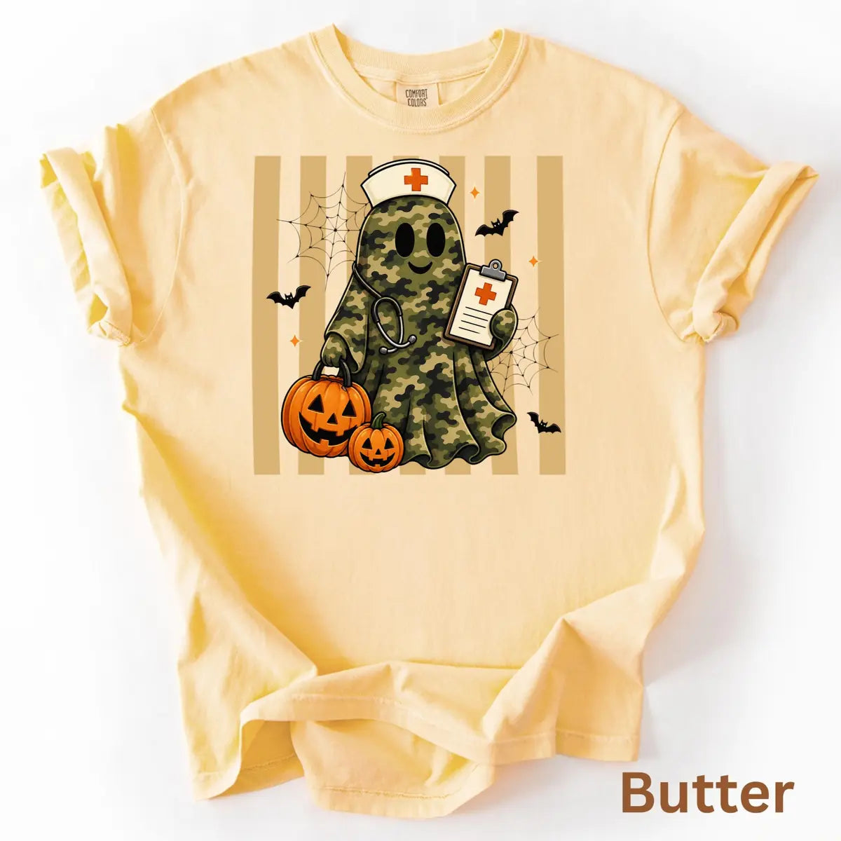 Light Green Comfort Colors T-shirt with Camo Nurse Ghost Medical Clipboard - Spooky Halloween Comfort Colors T-Shirt Halloween artwork