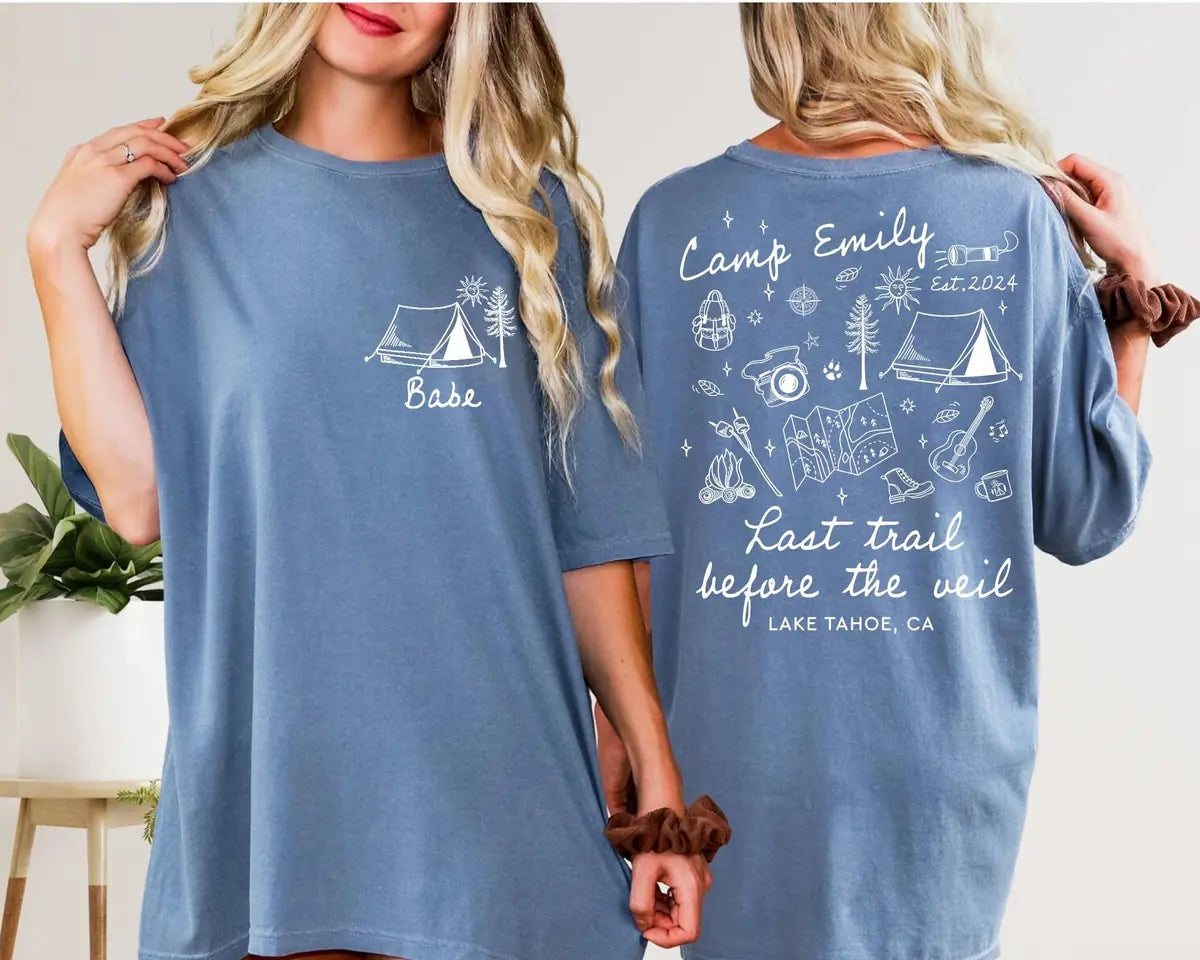 camp hiking trail custom location bachelorette party comfort colors t shirt color chart