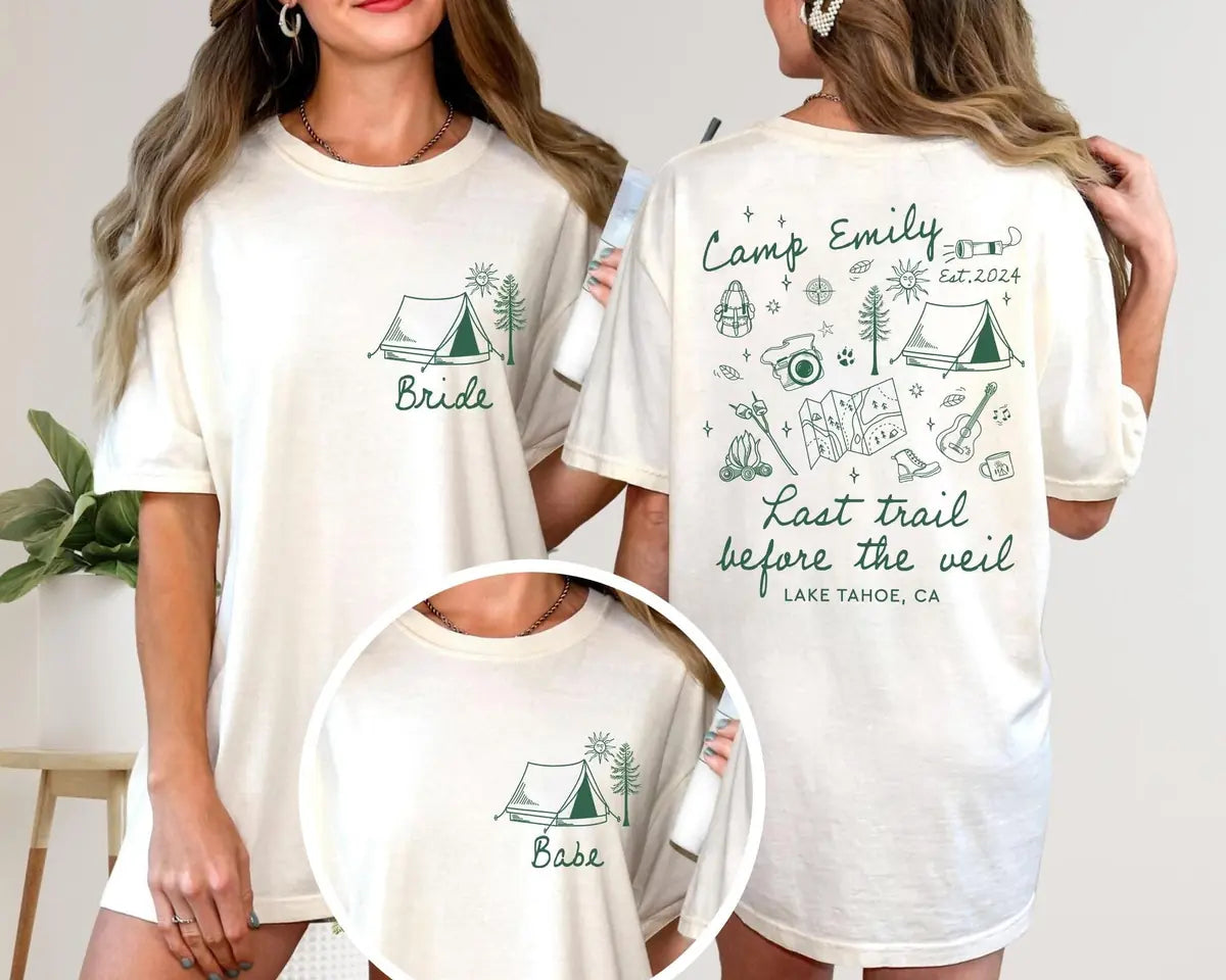 Hiking Trail - Custom Location - Camp Bachelorette Party Comfort Colors T-Shirt - Comfort Colors T-Shirt Mockup Image