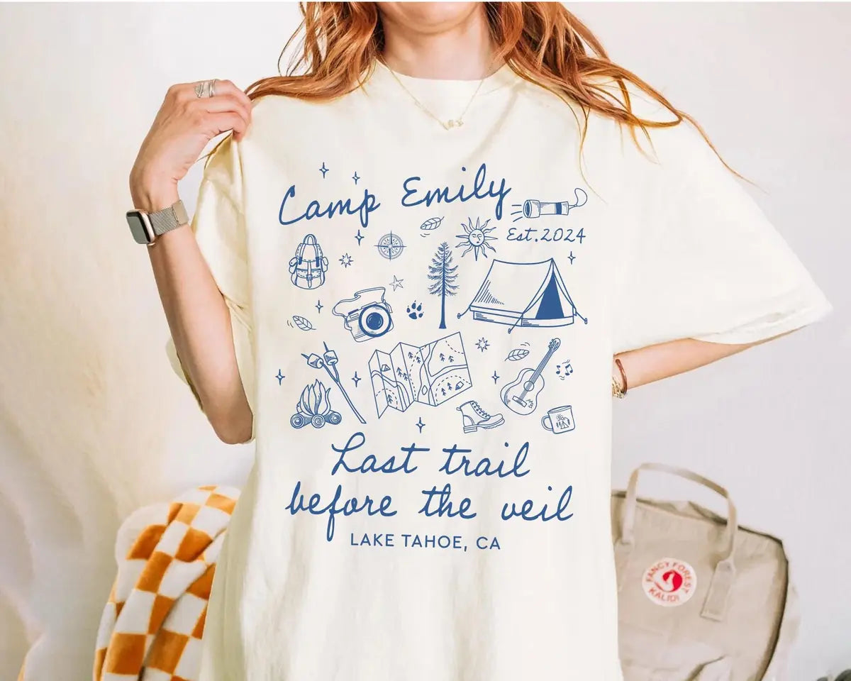 Hiking Trail - Custom Location - Camp Bachelorette Party Comfort Colors T-Shirt - Comfort Colors T-Shirt Mockup Image