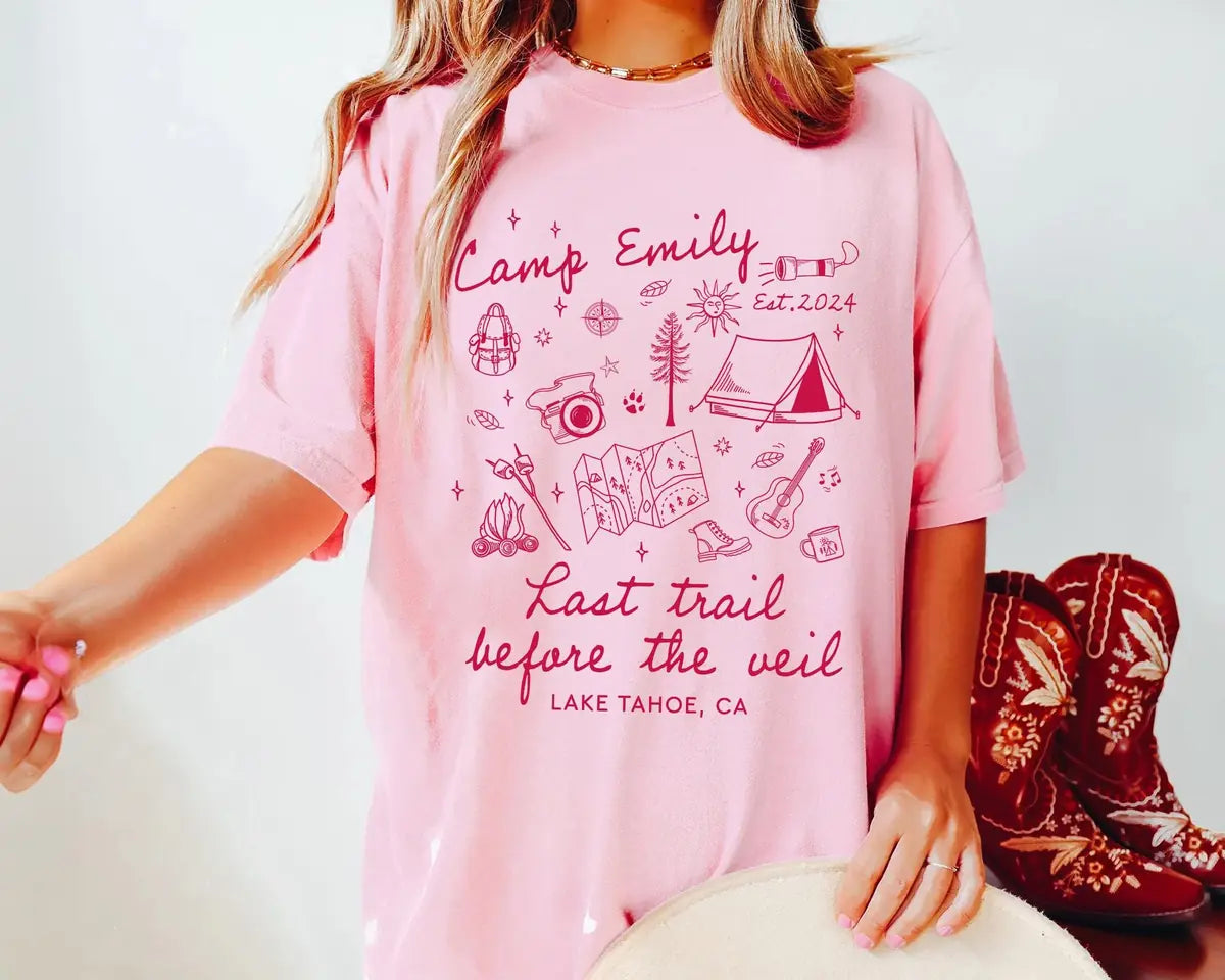 Hiking Trail - Custom Location - Camp Bachelorette Party Comfort Colors T-Shirt - Comfort Colors T-Shirt Mockup Image