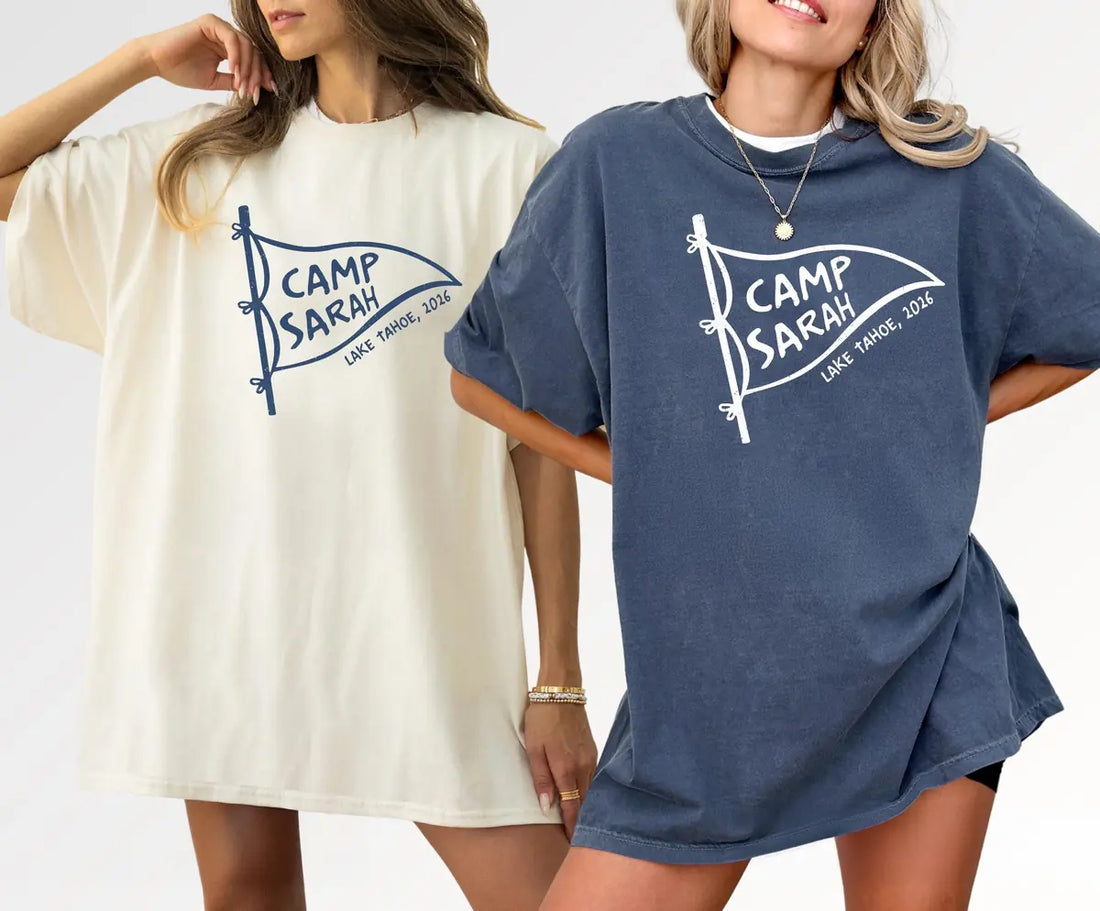 Lake Camping - Custom Name and Location - Camp Bachelorette Party Comfort Colors T-Shirt - Comfort Colors T-Shirt Mockup Image