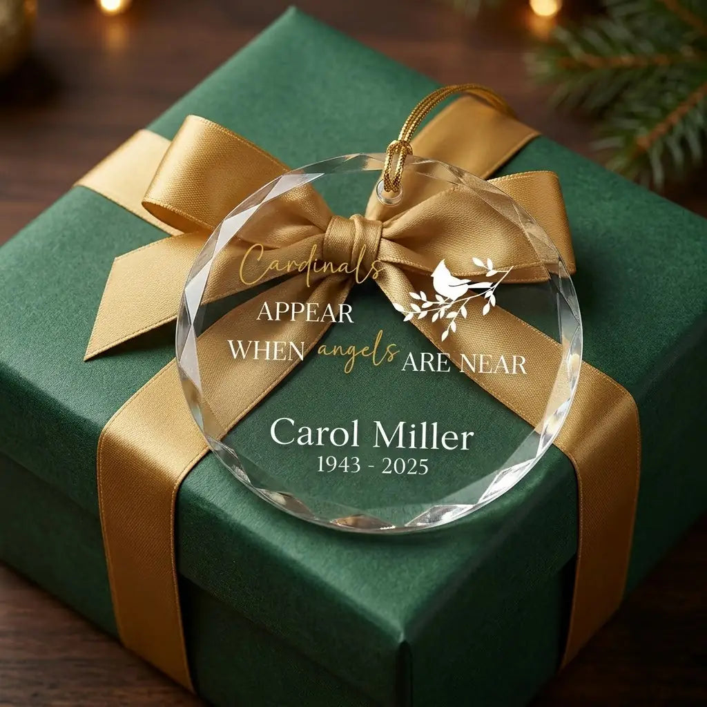 Personalized memorial remembrance glass ornament presented beside a wrapped holiday gift box on rustic wooden background