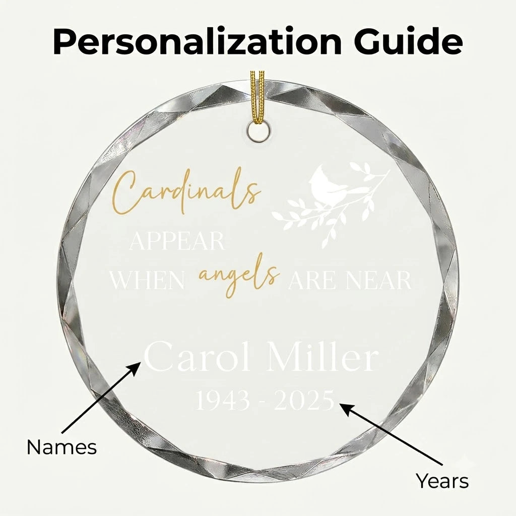 Personalization instruction card showing text input fields for custom names, dates and year on glass ornament