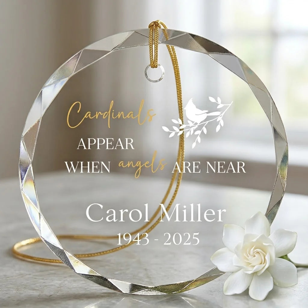 Cozy Christmas holiday scene displaying the custom transparent glass ornament hanging near mantel decor