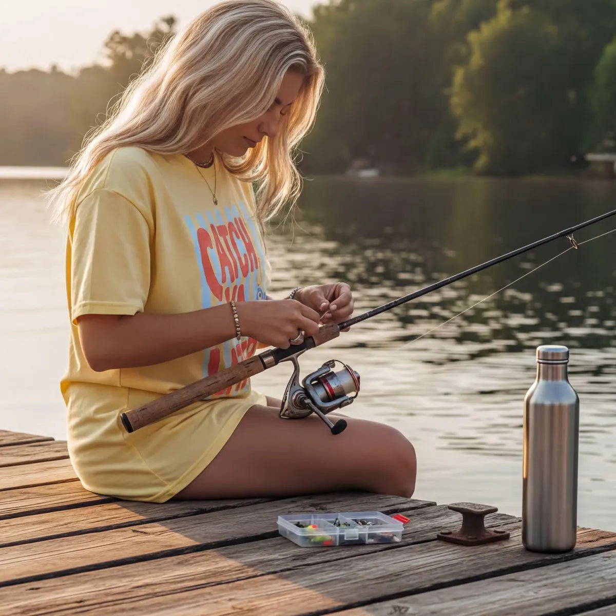 Woman in a Butter yellow Comfort Colors tee rigging a fishing rod on a lake dock beside a water bottle and tackle box