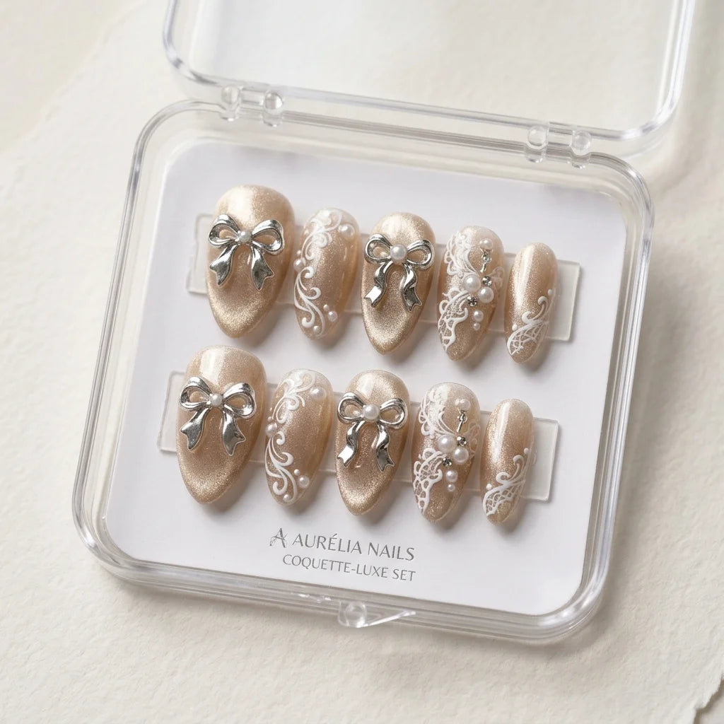 champagne cat eye hand painted almond medium press on nails coquette bow white lace box 02