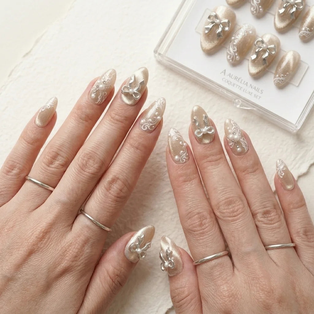 champagne cat eye hand painted almond medium press on nails coquette bow white lace lifestyle 03