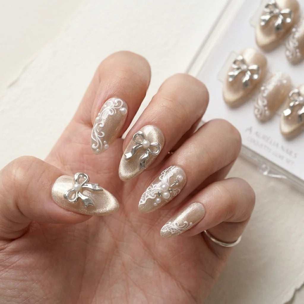 champagne cat eye hand painted almond medium press on nails coquette bow white lace lifestyle 04