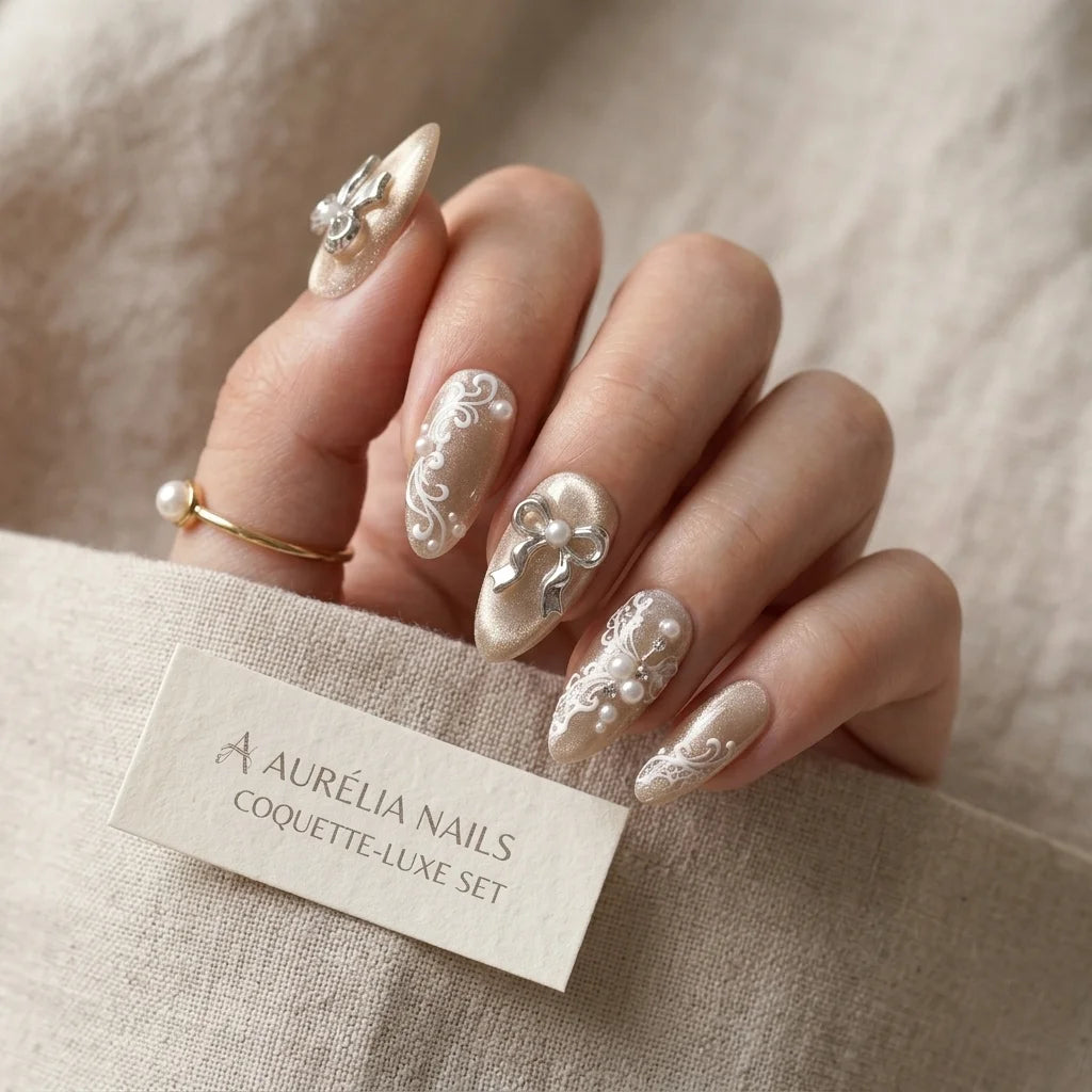 champagne cat eye hand painted almond medium press on nails coquette bow white lace mockup 01