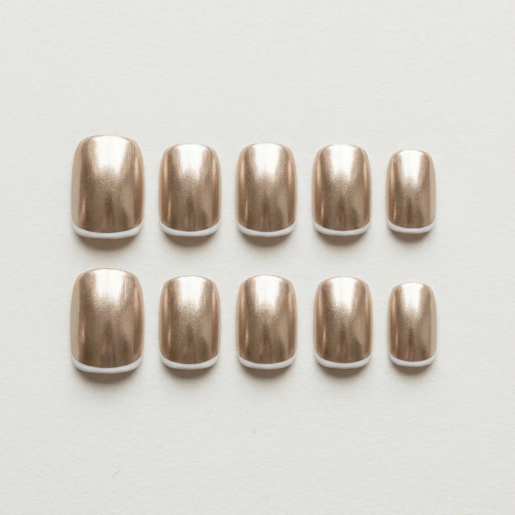 champagne french tip square short press on nails chrome lifestyle 02