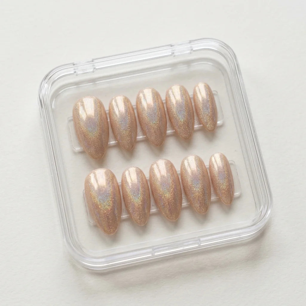 champagne gold chrome almond press on nails glitter lifestyle 01