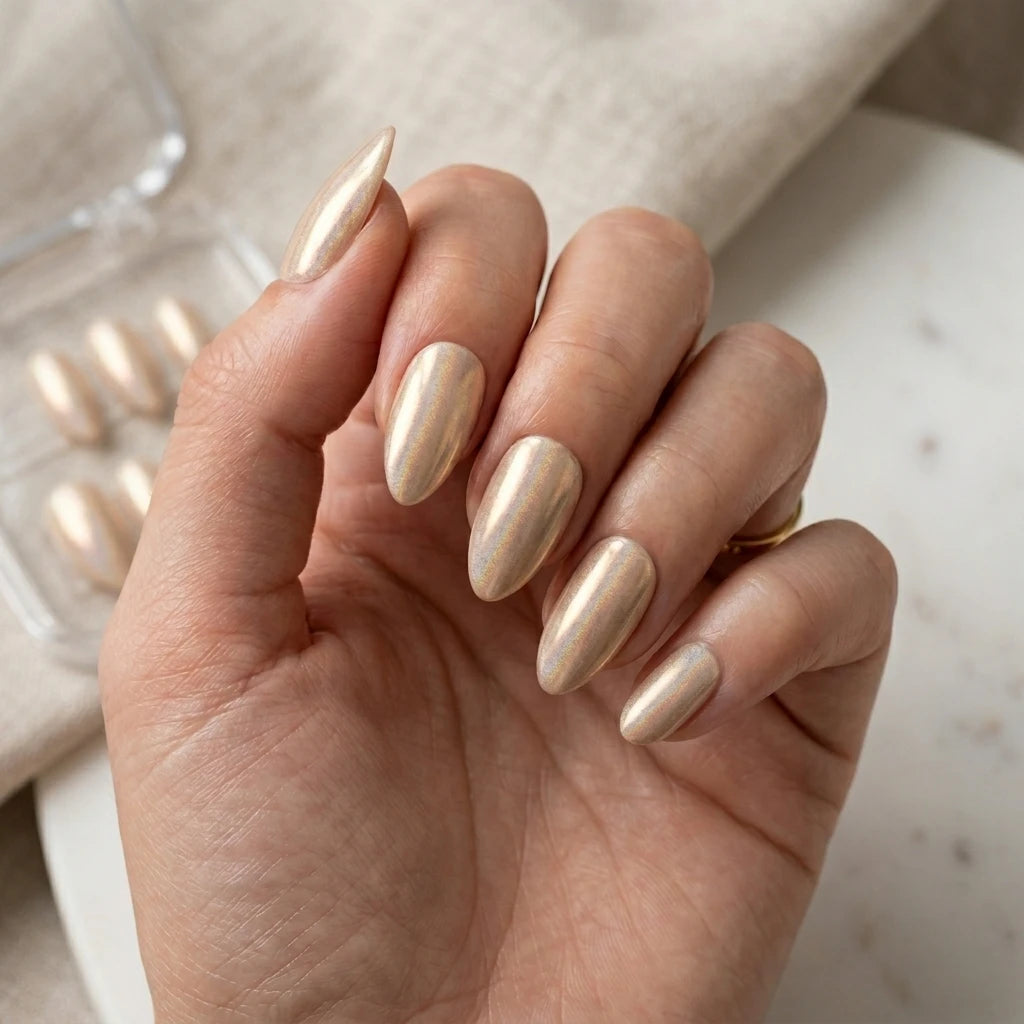 champagne gold holographic chrome almond press on nails detail 01