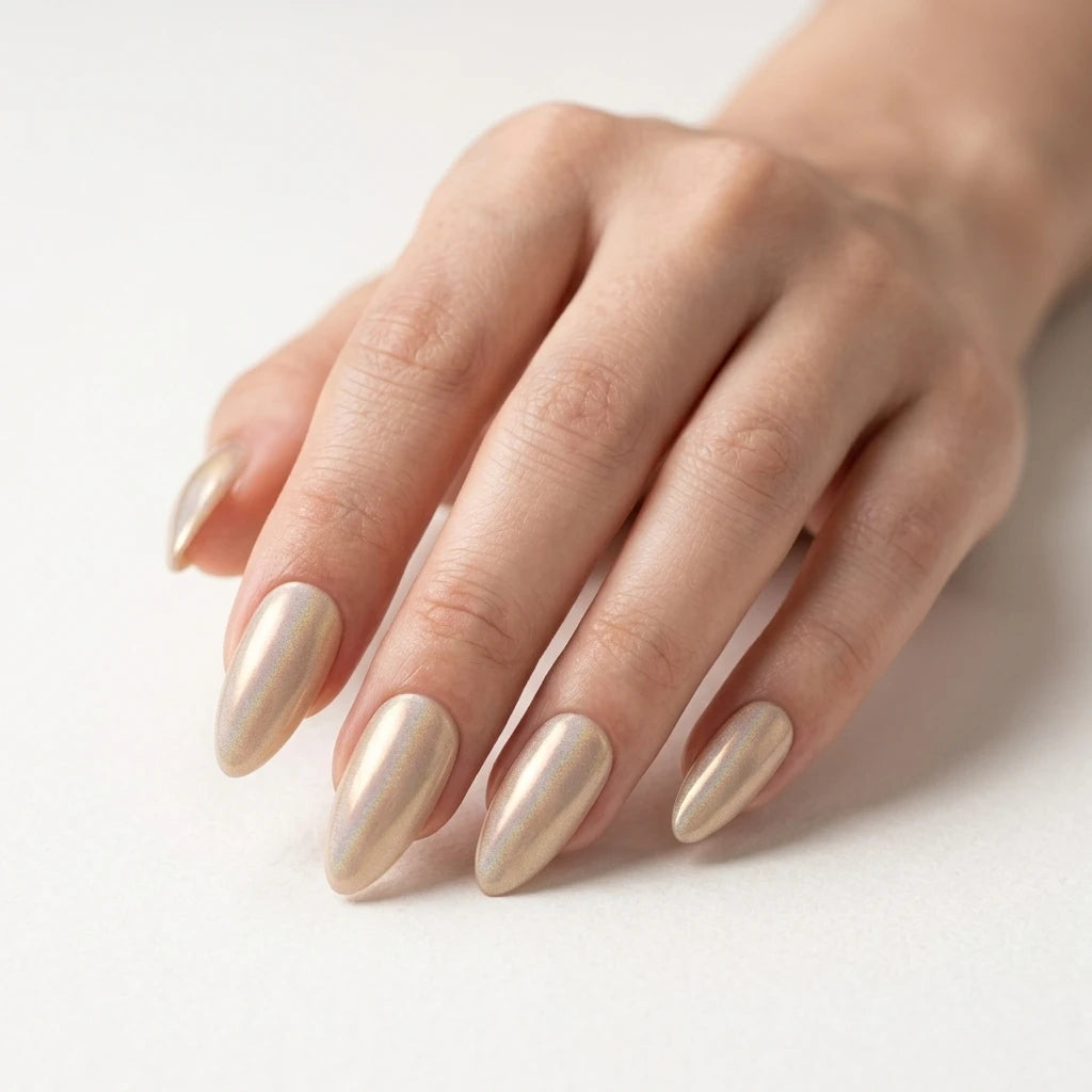 champagne gold holographic chrome almond press on nails mockup 01