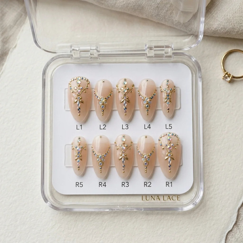 champagne hand painted almond medium press on nails multicolor gemstones chandelier box 01