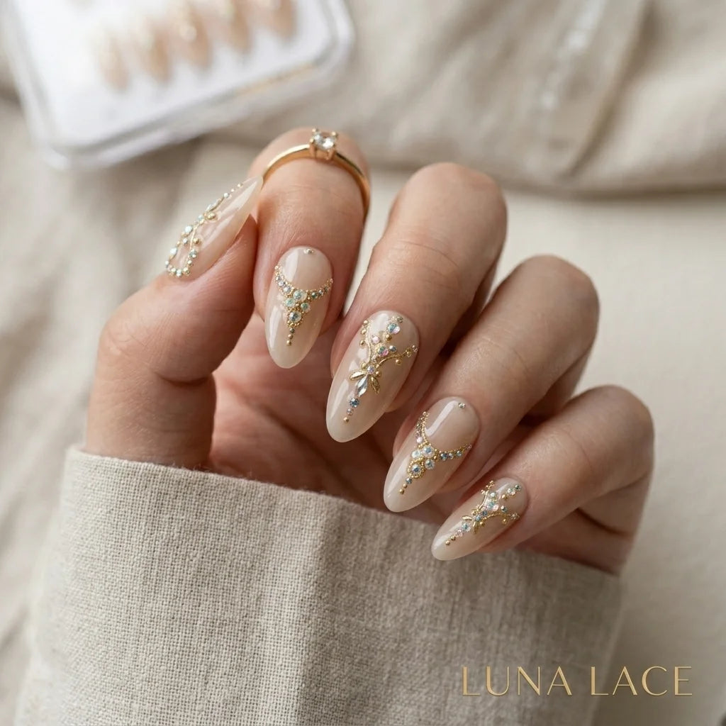 champagne hand painted almond medium press on nails multicolor gemstones chandelier lifestyle 02