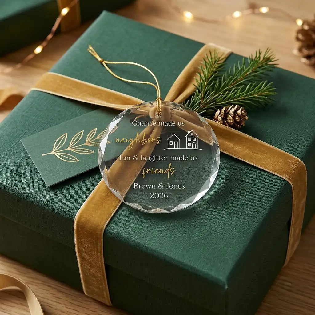Personalized neighbor friendship glass ornament presented beside a wrapped holiday gift box on rustic wooden background
