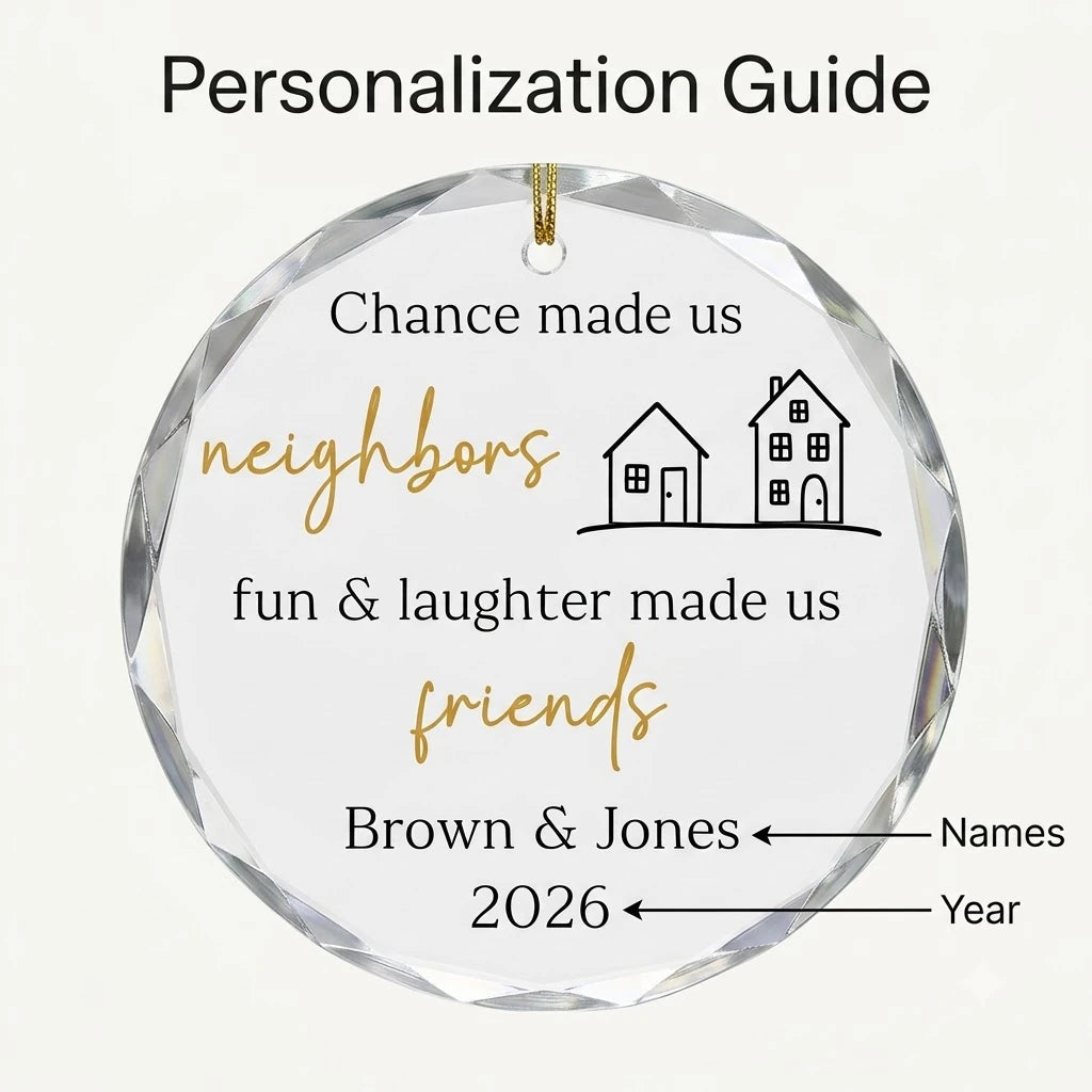 Personalization instruction card showing text input fields for custom names, dates and year on glass ornament