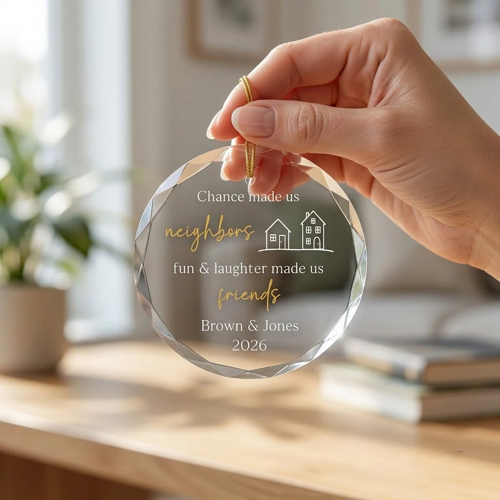 Hand holding a transparent faceted glass ornament with gold string loop showing printed two cute neighborhood houses design and crisp white lettering in cozy indoor scene