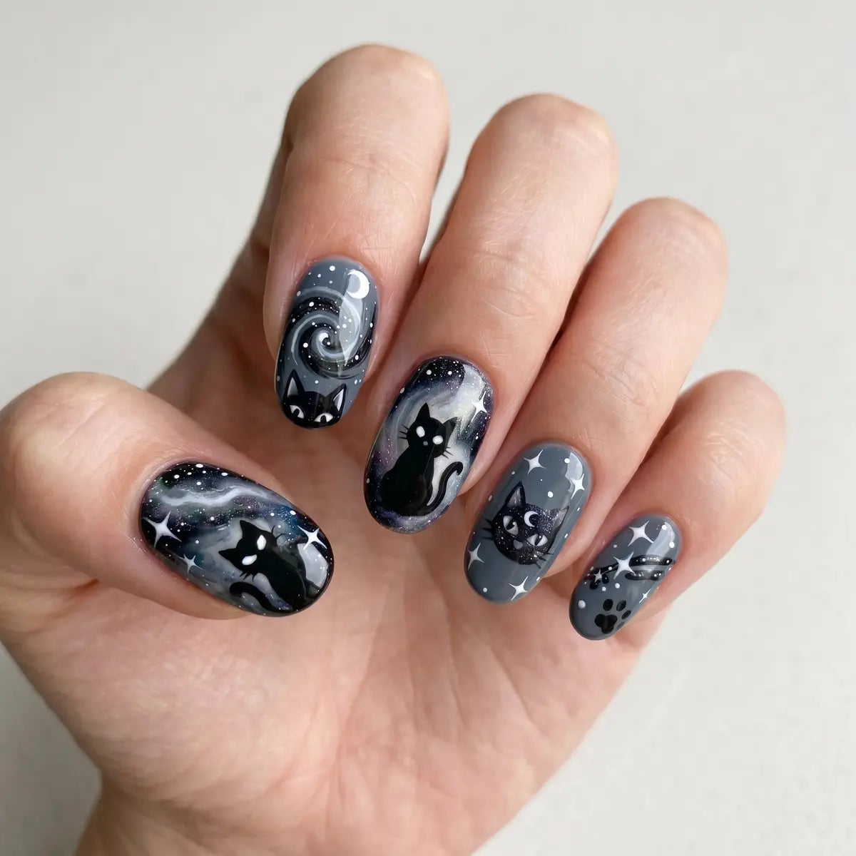 charcoal grey hand painted oval short press on nails galaxy cat mockup 01