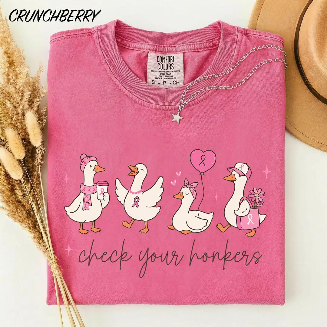 Crunchberry Comfort Colors 1717 tee featuring geese, breast cancer awareness ribbons and Check Your Honkers lettering.