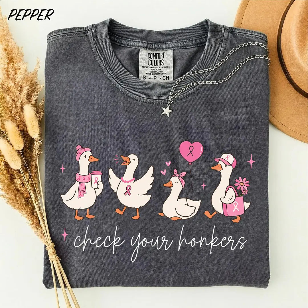 Comfort Colors T-shirt with Check Your Honkers animal-themed design; model photo.