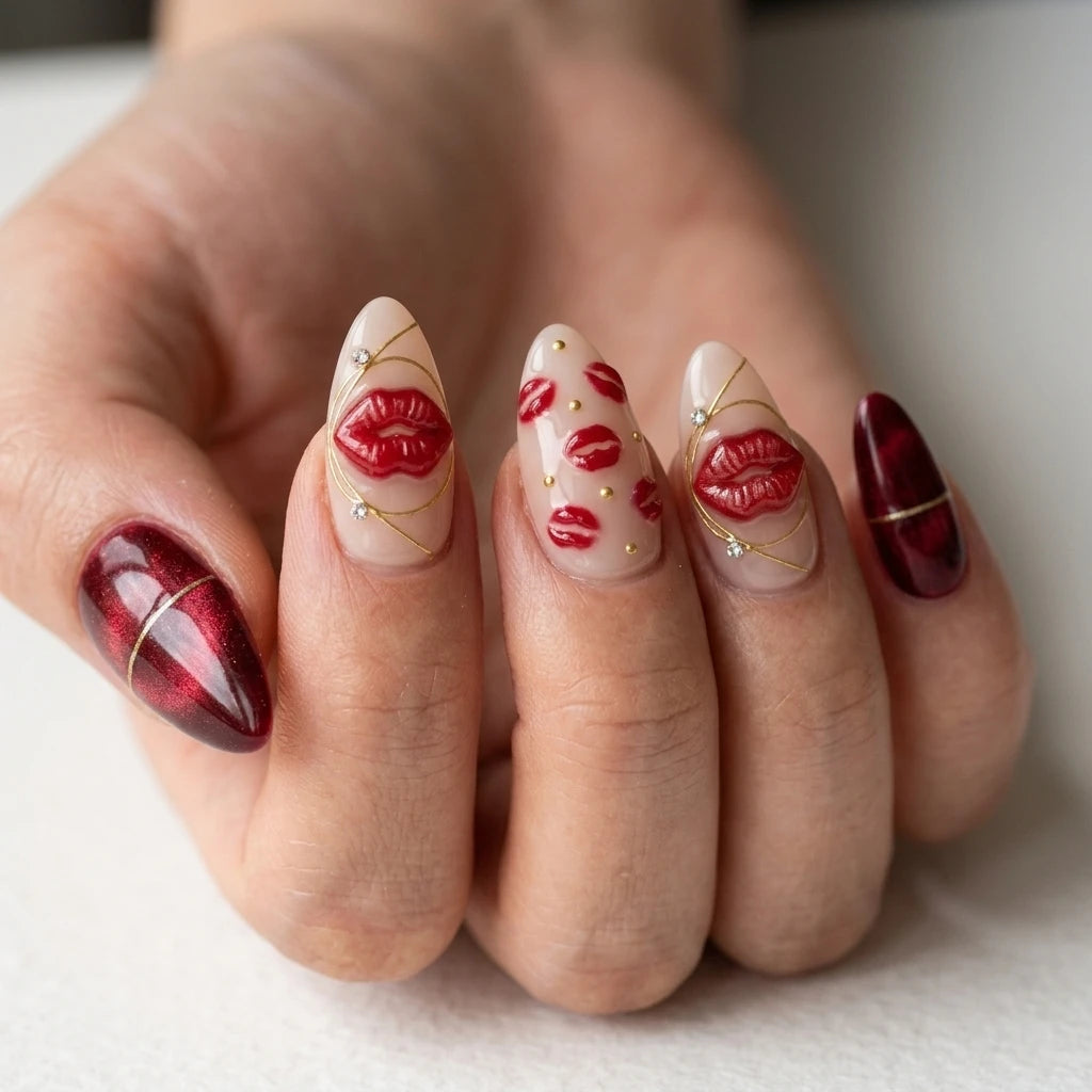 cherry red blush nude 3d cat eye almond press on nails lips kiss mark detail 03