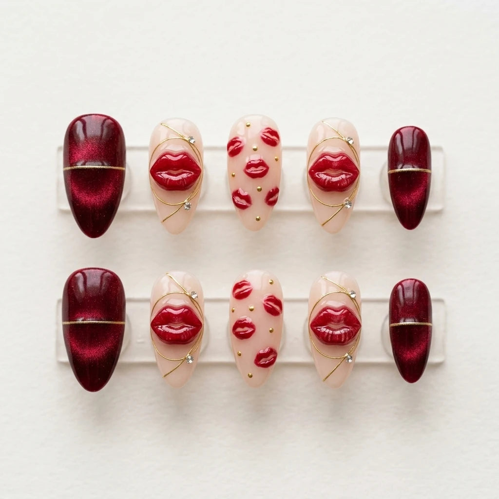 cherry red blush nude 3d cat eye almond press on nails lips kiss mark flat lay 04