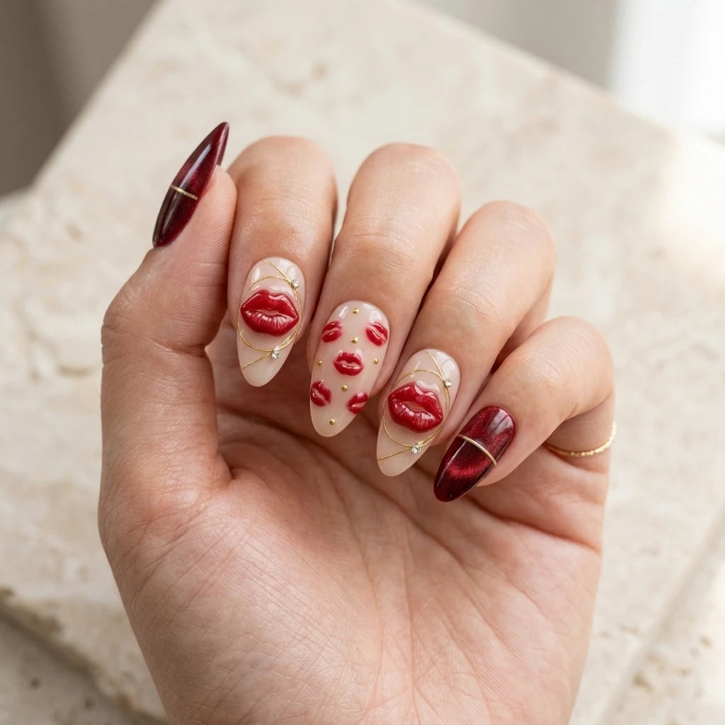 cherry red blush nude 3d cat eye almond press on nails lips kiss mark lifestyle 02