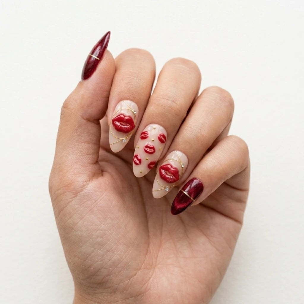 cherry red blush nude 3d cat eye almond press on nails lips kiss mark mockup 01