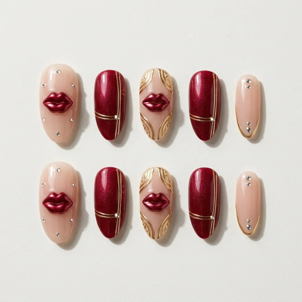 cherry red blush nude 3d cat eye almond press on nails lips rhinestone flat lay 04