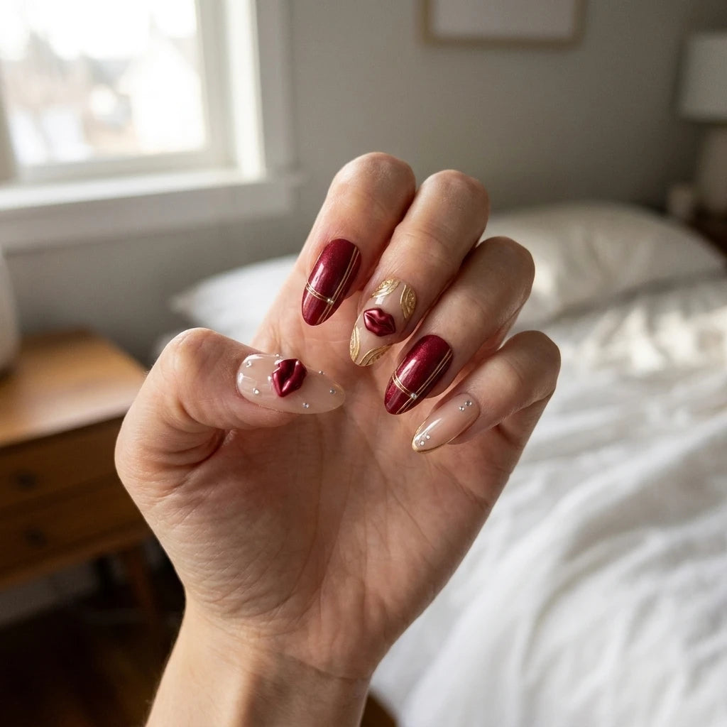 cherry red blush nude 3d cat eye almond press on nails lips rhinestone lifestyle 02
