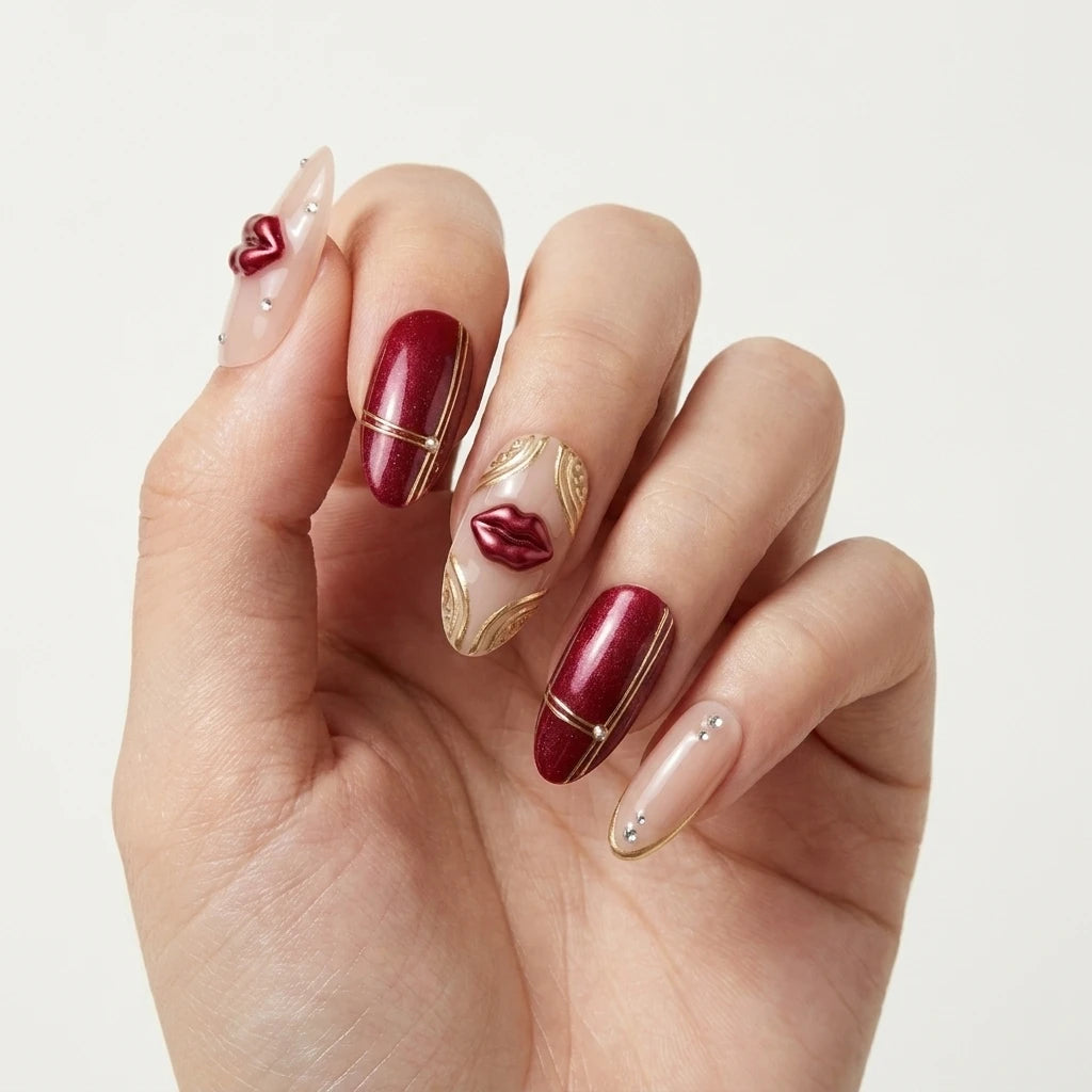 cherry red blush nude 3d cat eye almond press on nails lips rhinestone mockup 01