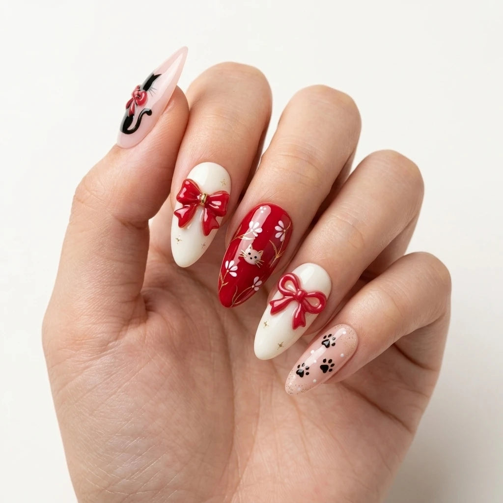 cherry red blush pink 3d hand painted almond press on nails cat ribbon bow flower glitter detail 03