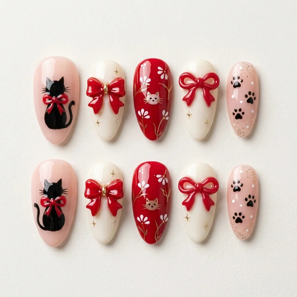 cherry red blush pink 3d hand painted almond press on nails cat ribbon bow flower glitter flat lay 04