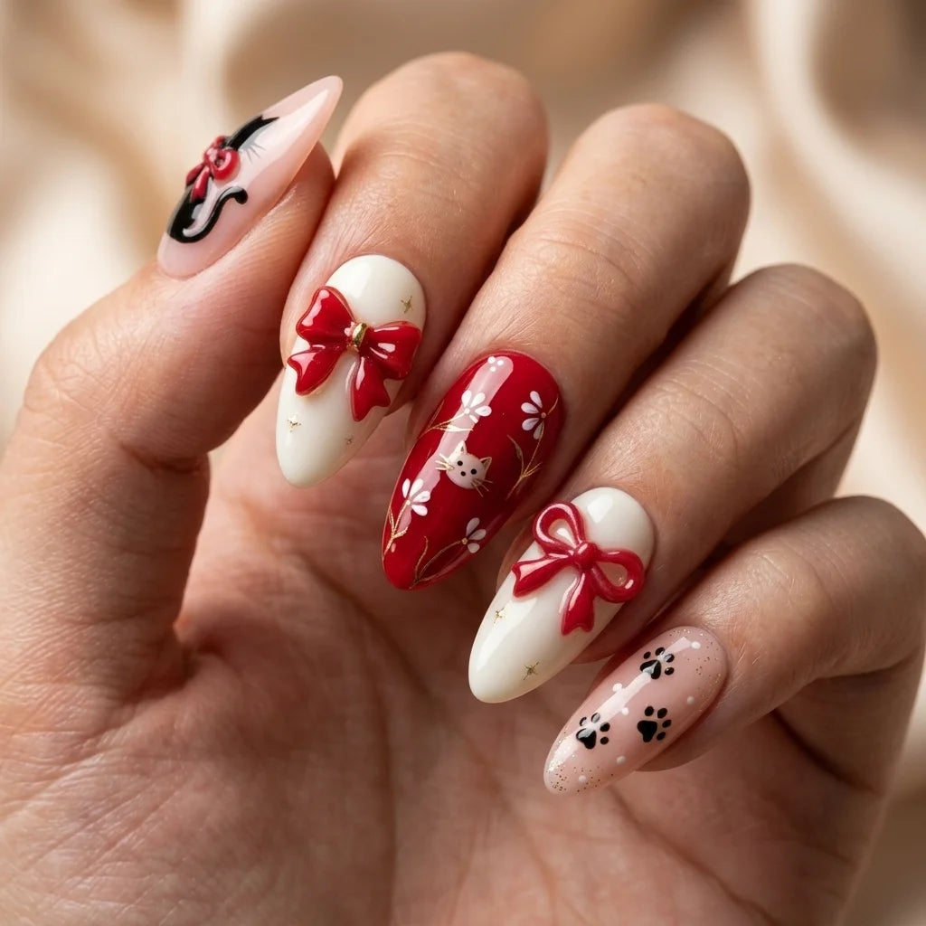 cherry red blush pink 3d hand painted almond press on nails cat ribbon bow flower glitter lifestyle 02