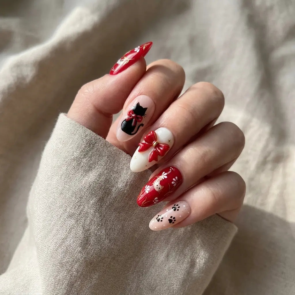 cherry red blush pink 3d hand painted almond press on nails cat ribbon bow flower glitter mockup 01
