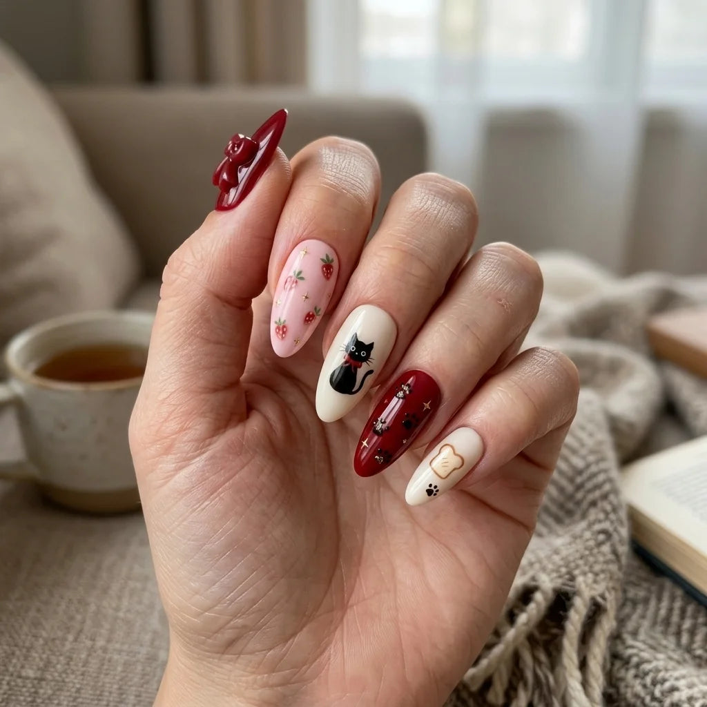 cherry red blush pink 3d hand painted almond press on nails cat strawberry toast glitter detail 03