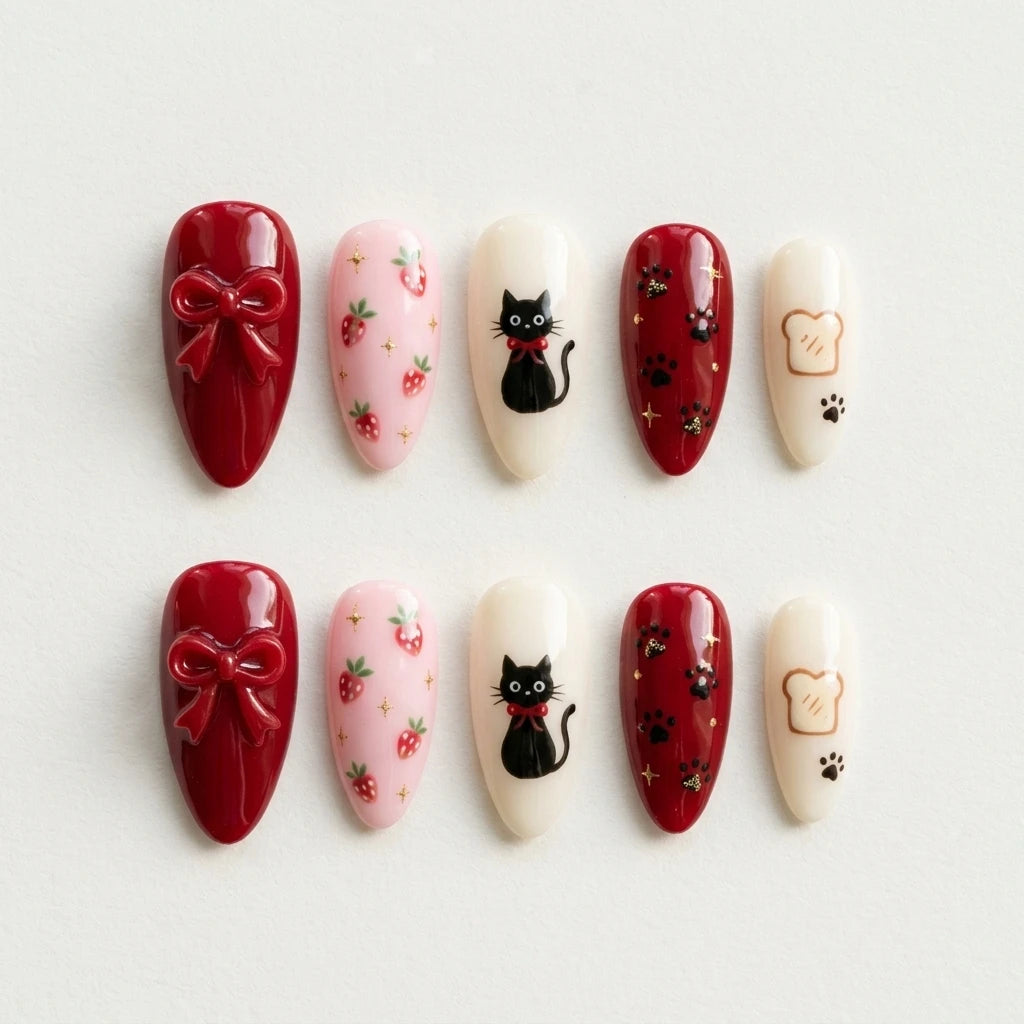 cherry red blush pink 3d hand painted almond press on nails cat strawberry toast glitter flat lay 04