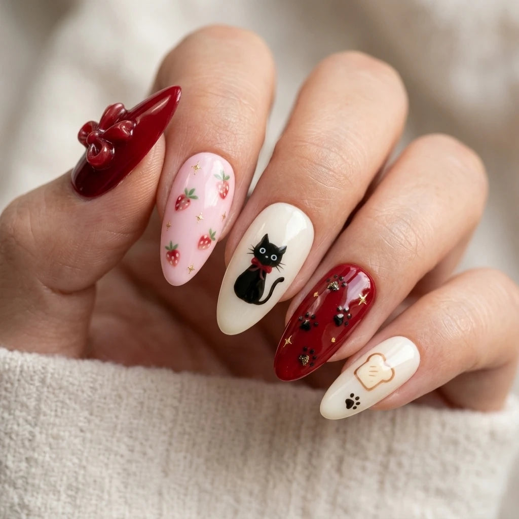 cherry red blush pink 3d hand painted almond press on nails cat strawberry toast glitter lifestyle 02