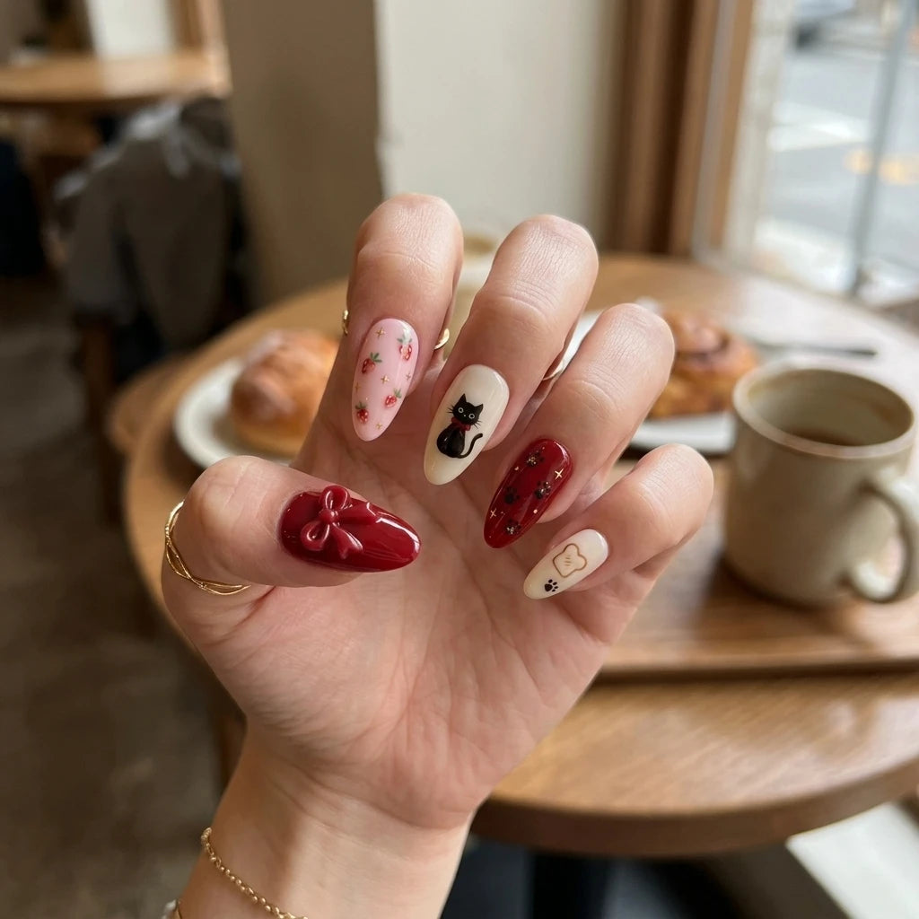 cherry red blush pink 3d hand painted almond press on nails cat strawberry toast glitter lifestyle 03