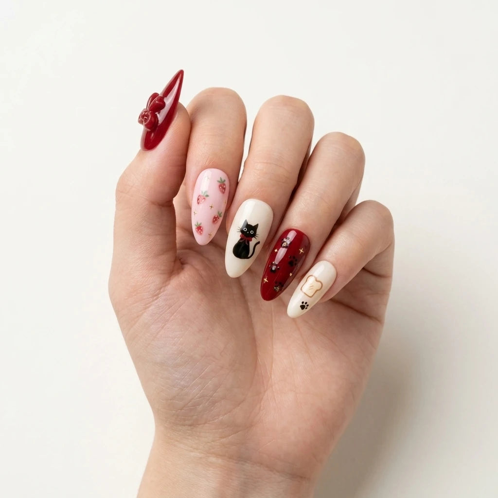 cherry red blush pink 3d hand painted almond press on nails cat strawberry toast glitter mockup 01