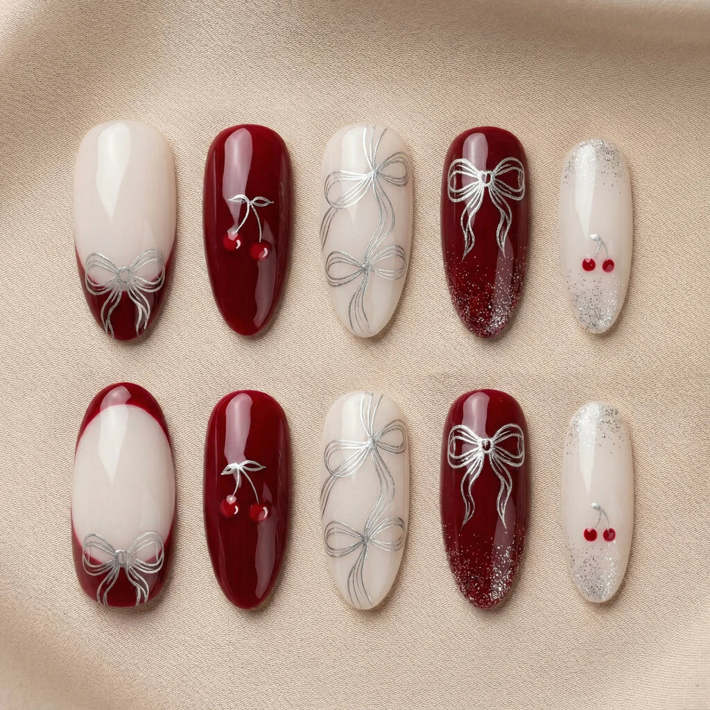 cherry red glitter almond medium press on nails flat lay 01